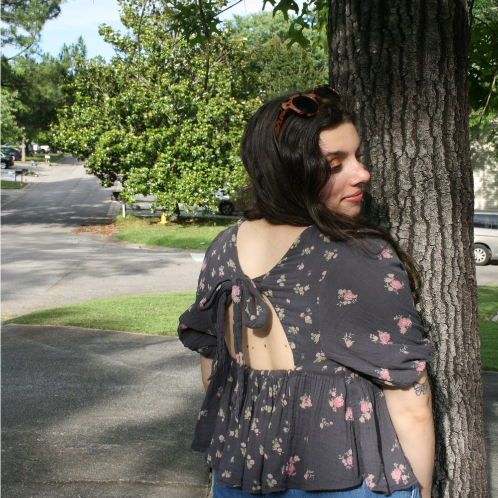 Free People Pink and Blue Backless Tie Front Blouse